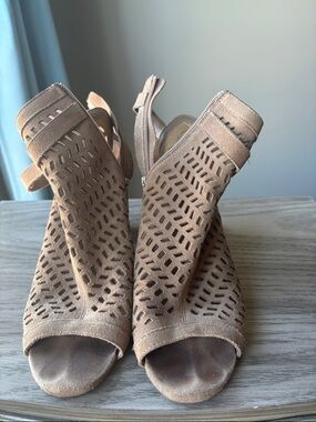 BCBGeneration Taupe Laser-Cut Peep Toe Slingback Heels